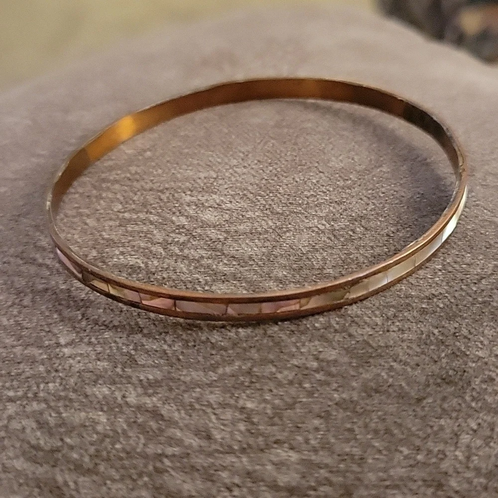Vtg Minimalist Thin Mexican Copper Shell Inlay Bangle Bracelet